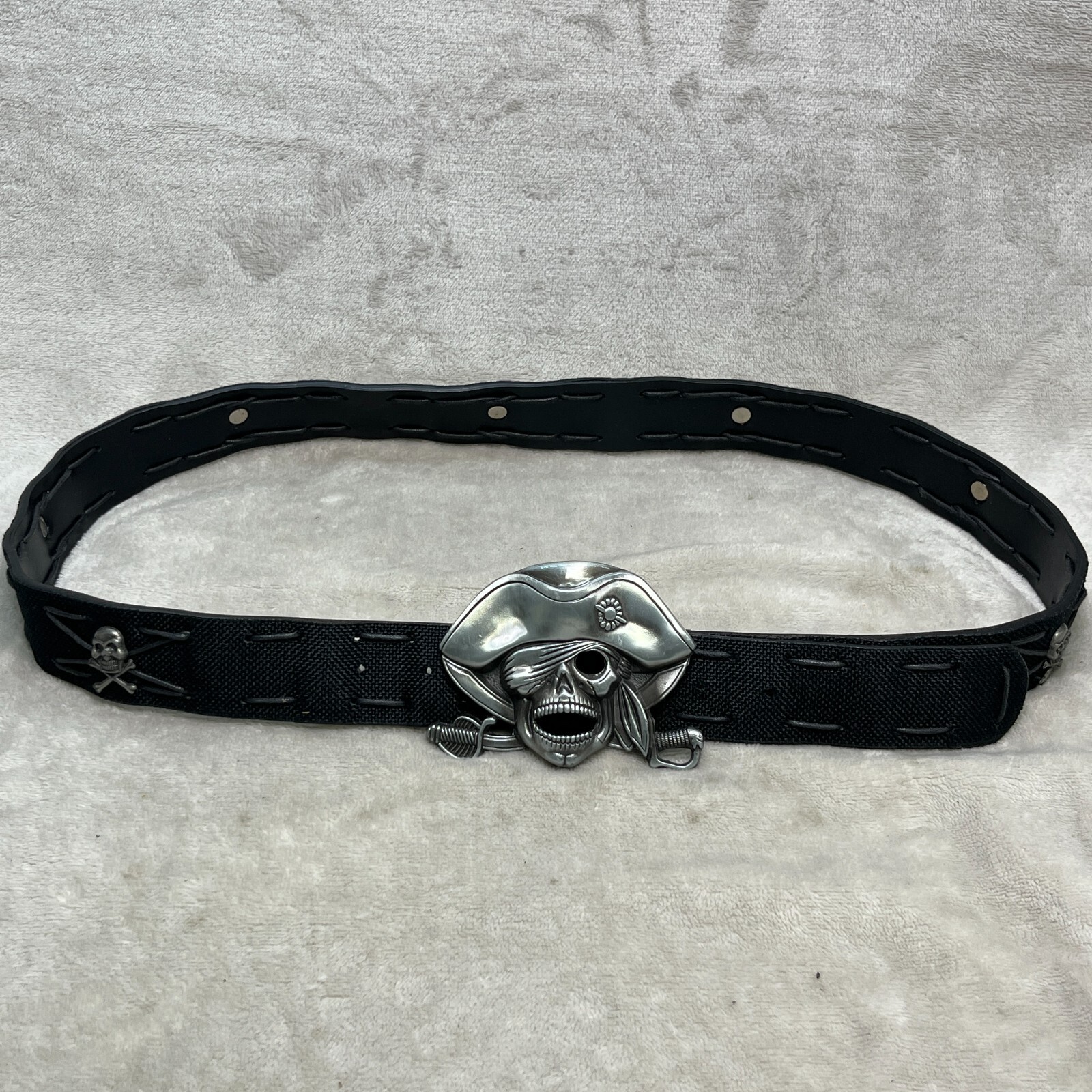 Pirate Jolly Roger Belt Buckle With Belt Pewter Silver Tone Swashbuckler 4&Prime;x3&Prime;