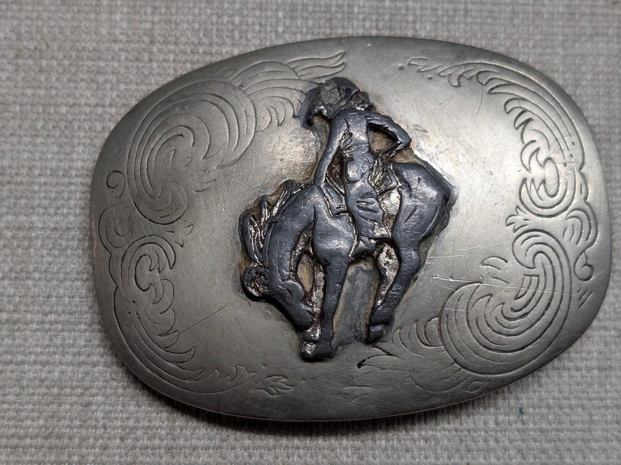 vintage 1970s buckle belt GERMAN SILVER handcrafted COWBOY rodeo WESTERN horse