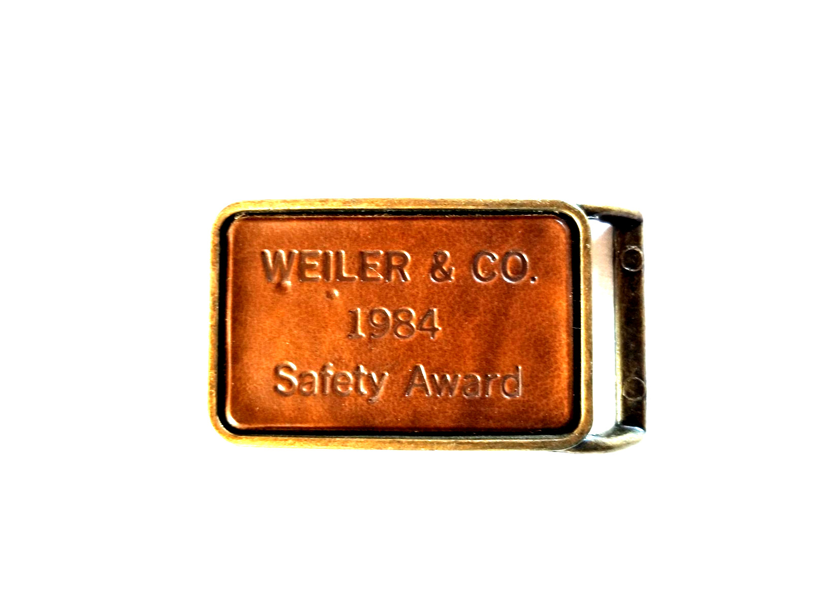 Weiler & Co 1984 Safety Award Leather on Brass Belt Buckle for 2&Prime; Work Belt VTG