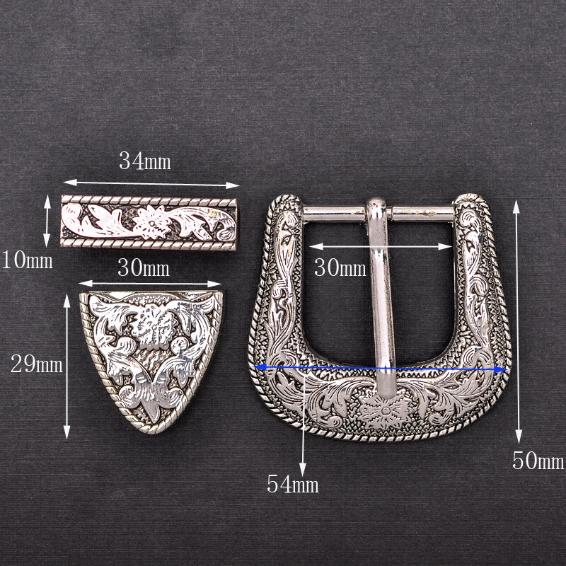 Western Cowboy Silver Flower Engraved Belt Pin Buckle 3pc/Set Fits 1-1/8&Prime; Strap