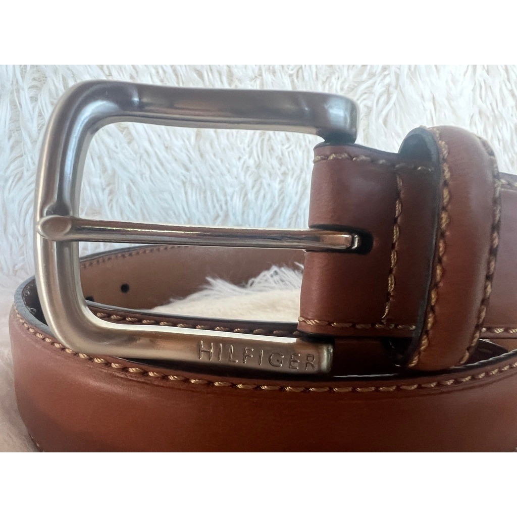 Tommy Hilfiger Brown Leather Belt Silver Buckle Stitched Casual Dress Size 40