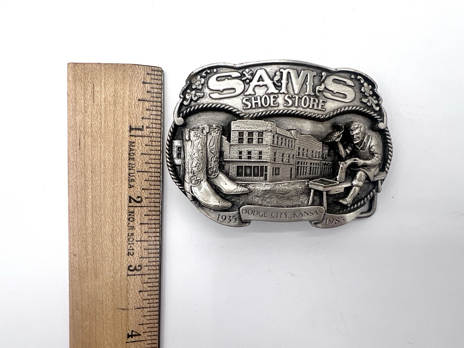 Dodge City Kansas SAM&rsquo;S SHOE STORE 1985 Pewter Belt Buckle Allen Cowboyboy Boots