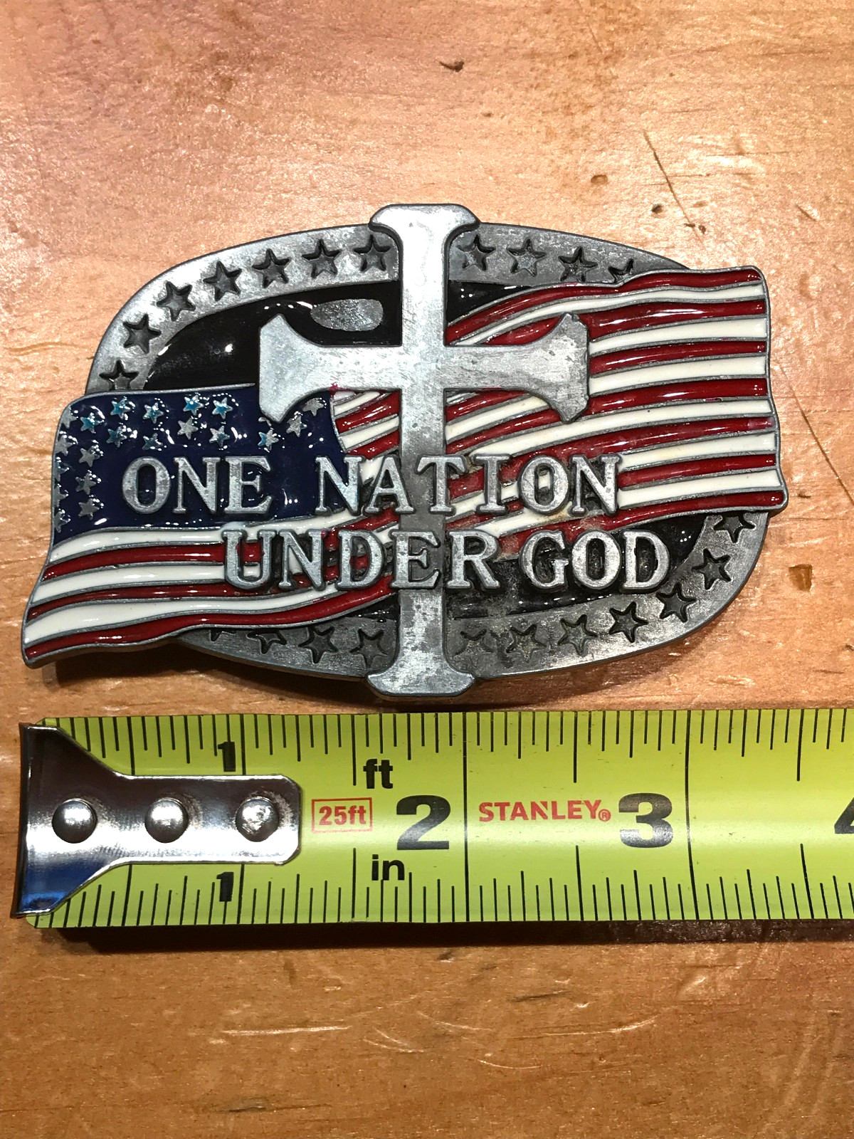 CLASSIC ONE NATION UNDER GOD ENAMEL AMERICAN FLAG BELT BUCKLE