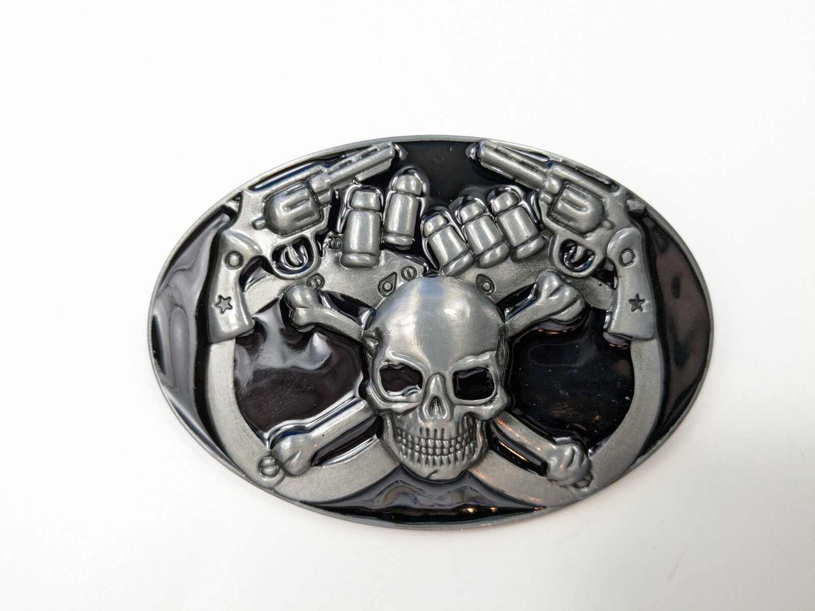 Biker Skull Pistol Revolver Gun Hand Cuffs Belt Buckle NEW Metal outlaw