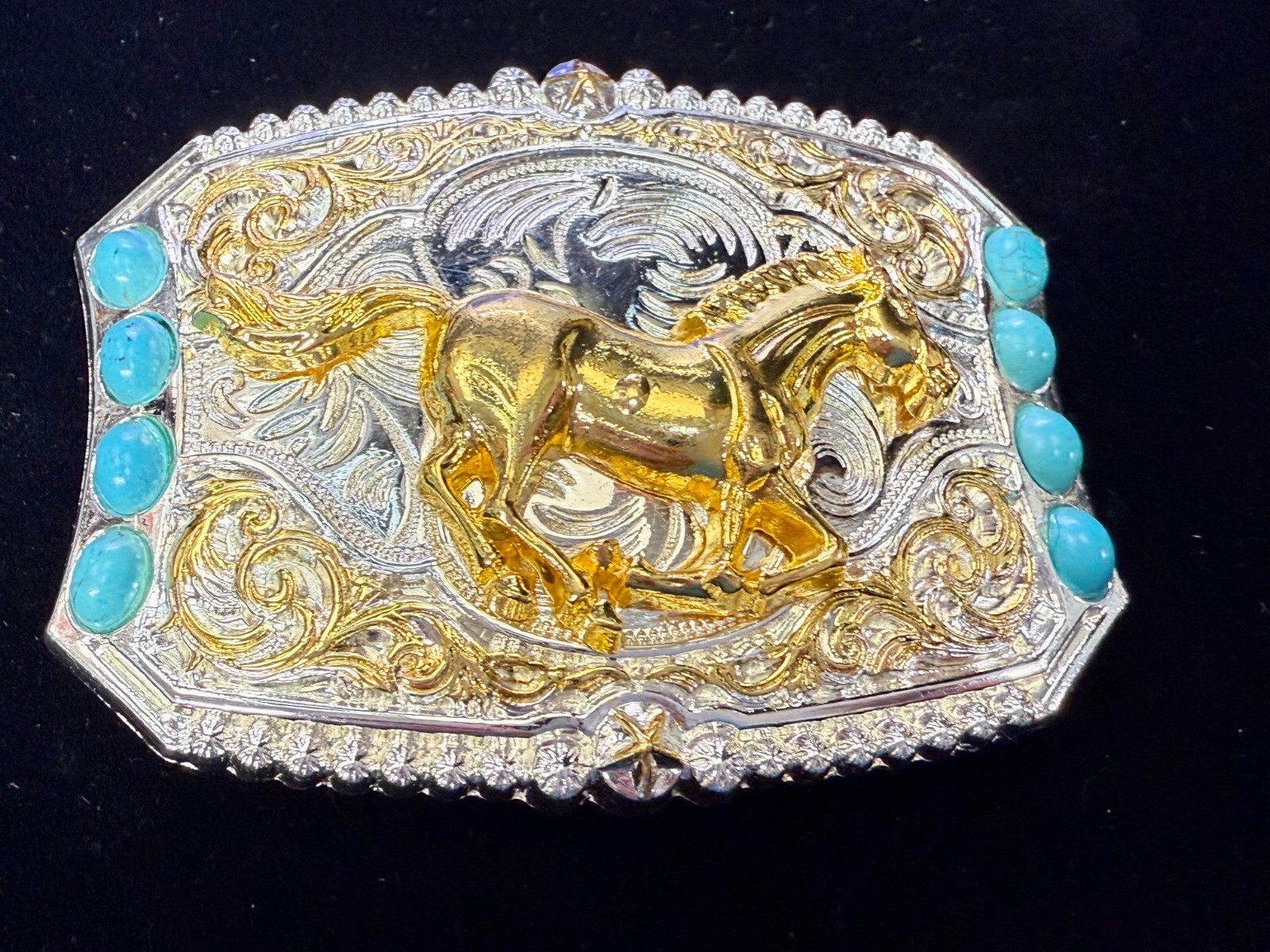Running Galloping Mustang Stallion Horse W/ Faux Turquoise Stones Belt Buckle