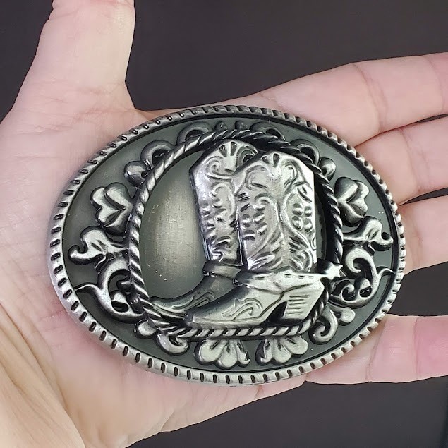 Mens Western Cowboy Boots Belt Buckle Silver Tone Oval Rope Edge Rodeo Style