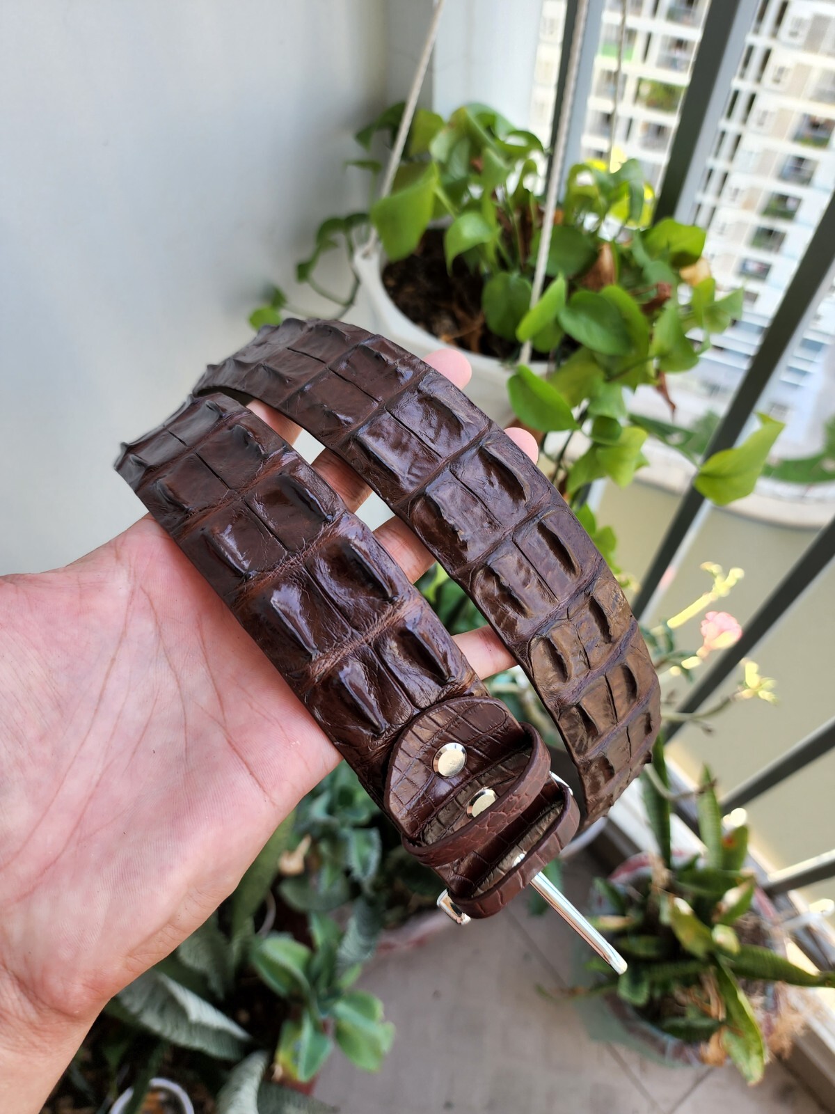 3.8CM Brown 100% Genuine Exotic Leather Skin Men Belt Silver Buckle- Handmade