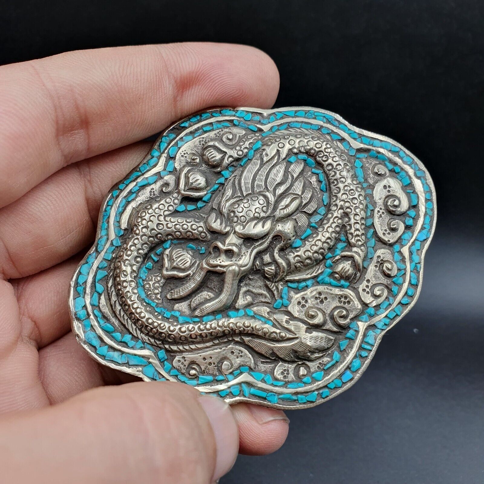 AA BIG MEN&rsquo;S VINTAGE Natural Turquoise Metal Silver Gild Engrave Dragon Belt