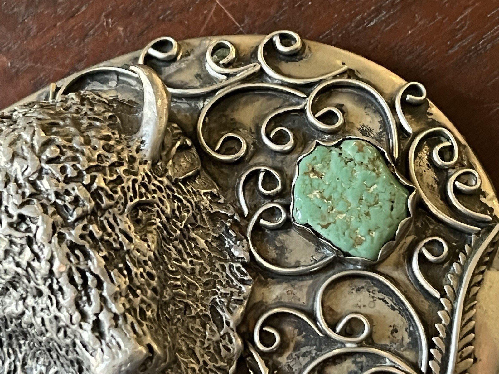 Vintage Sterling Signed Gomez Belt Buckle – Buffalo Turquoise/Coral