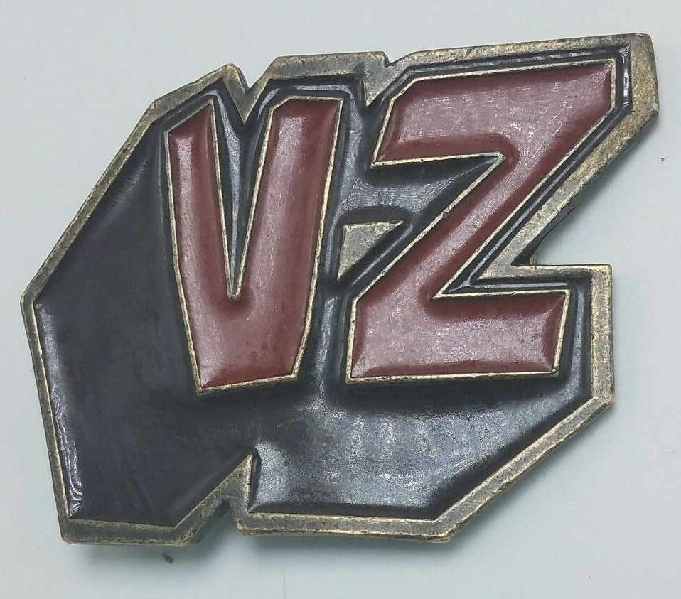 Vintage Von Zipper Belt Buckle VZ 3D Brass and Red Enamel EUC