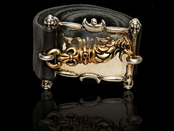 Eagle beak hook belt buckle with ruby stone and leather belt