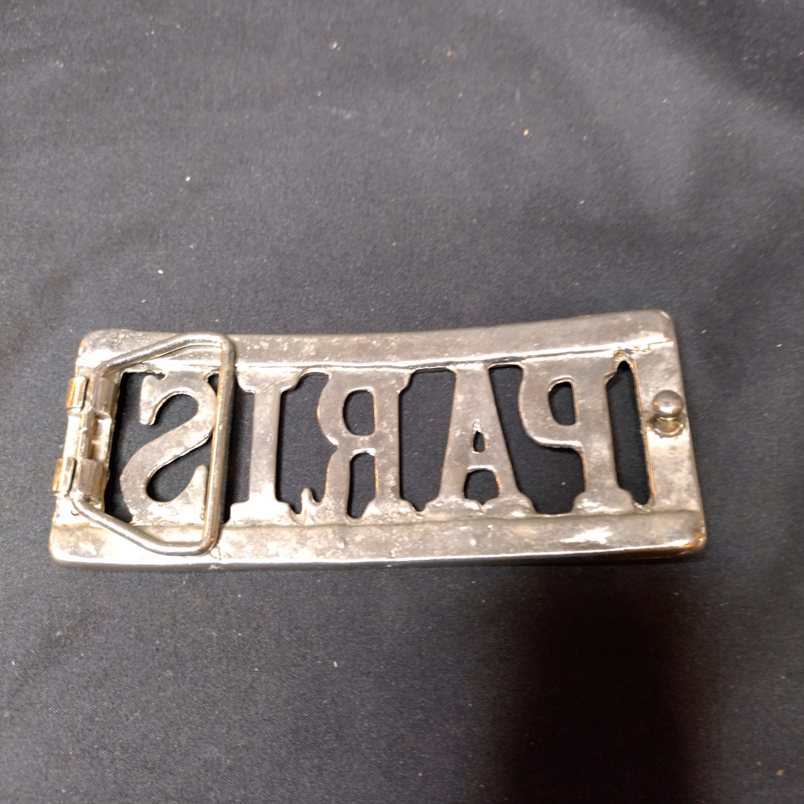 Vintage PARIS Cutout Metal Belt Buckle Silver Tone Retro Novelty Y2K 90s