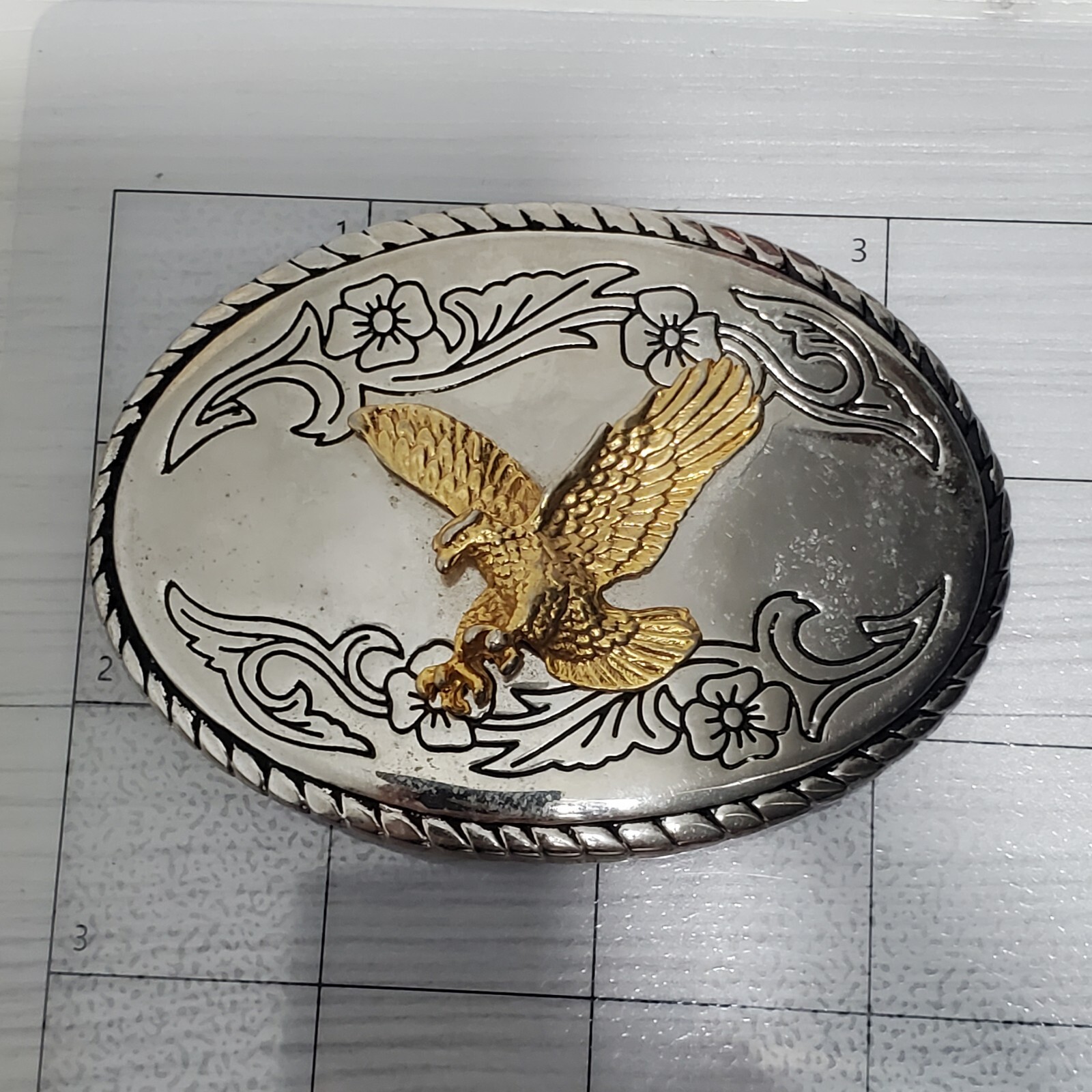 Bald Eagle Belt Buckle Gold & Silver Tone Made In USA 3&Prime;×2.5&Prime; America