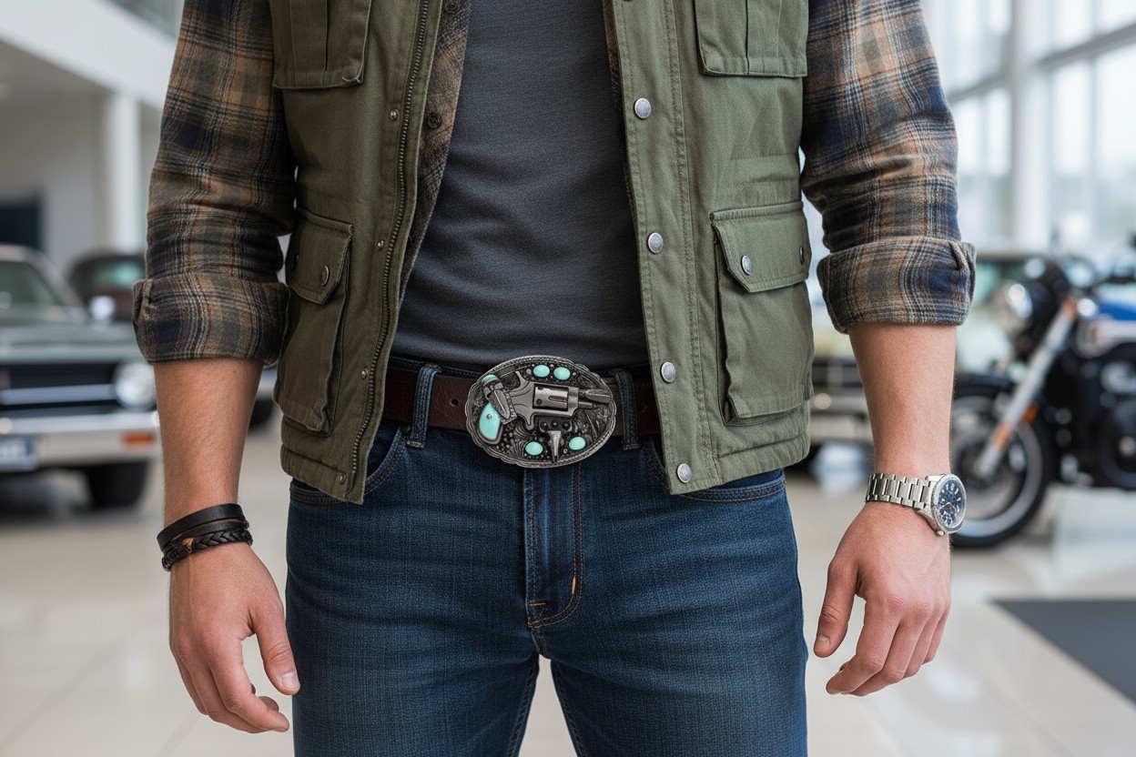 Men Western Belt Buckle Silver Metal Revolver Pistol Gun Feather Bull Turquoise