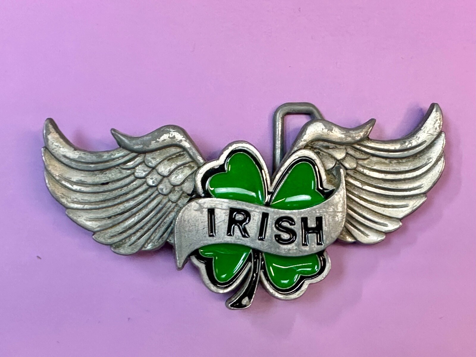 Irish Lucky Four 4 Leaf Clover W/ Wings Cutout Green & Silver Belt Buckle