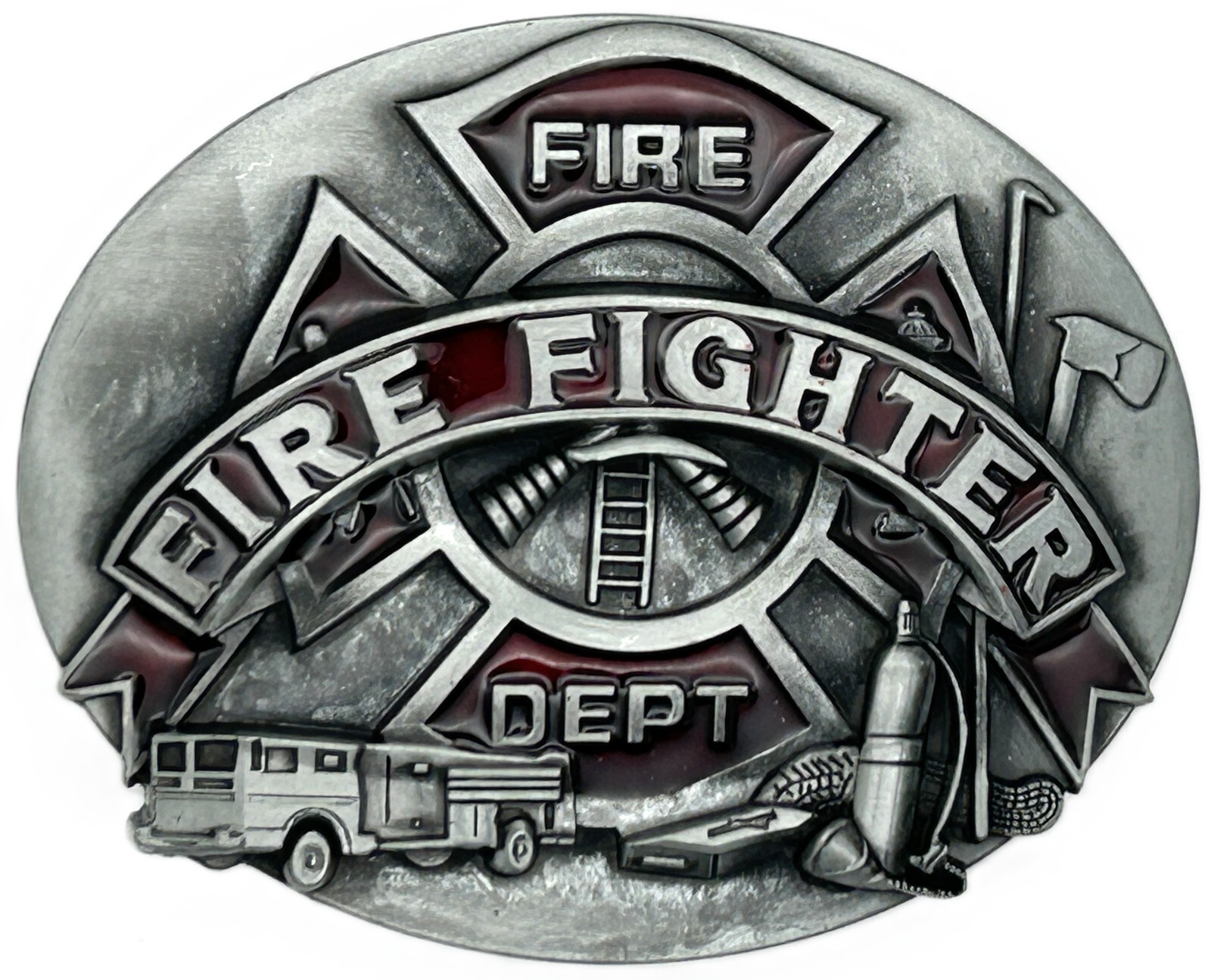 Fire Dept. Fire Fighter Rescue Truck Red Enameled Belt Buckle New