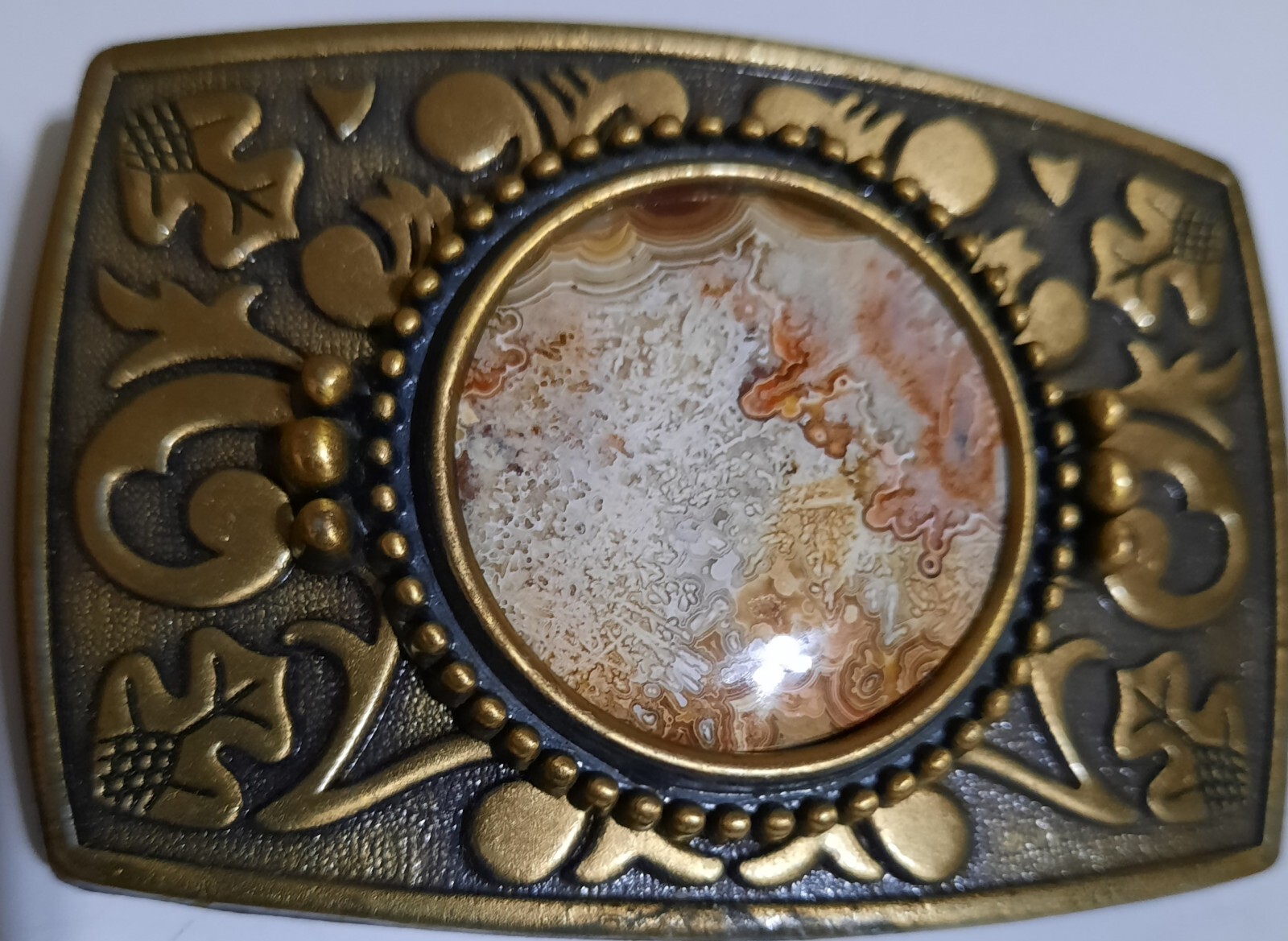 Vintage Belt Buckle Natural PolishedCrazy Lace Agate Stone Center Quality Piece!