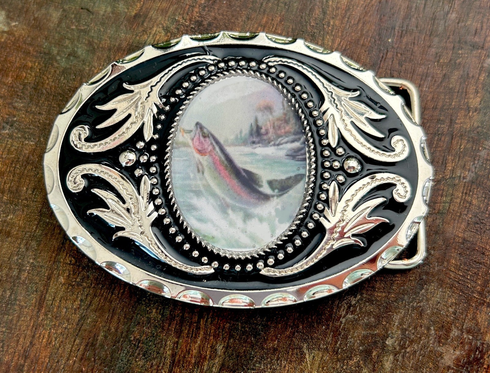 Vintage Silver Fish Belt Buckle Fisherman Gift Western Style Resin Snap On