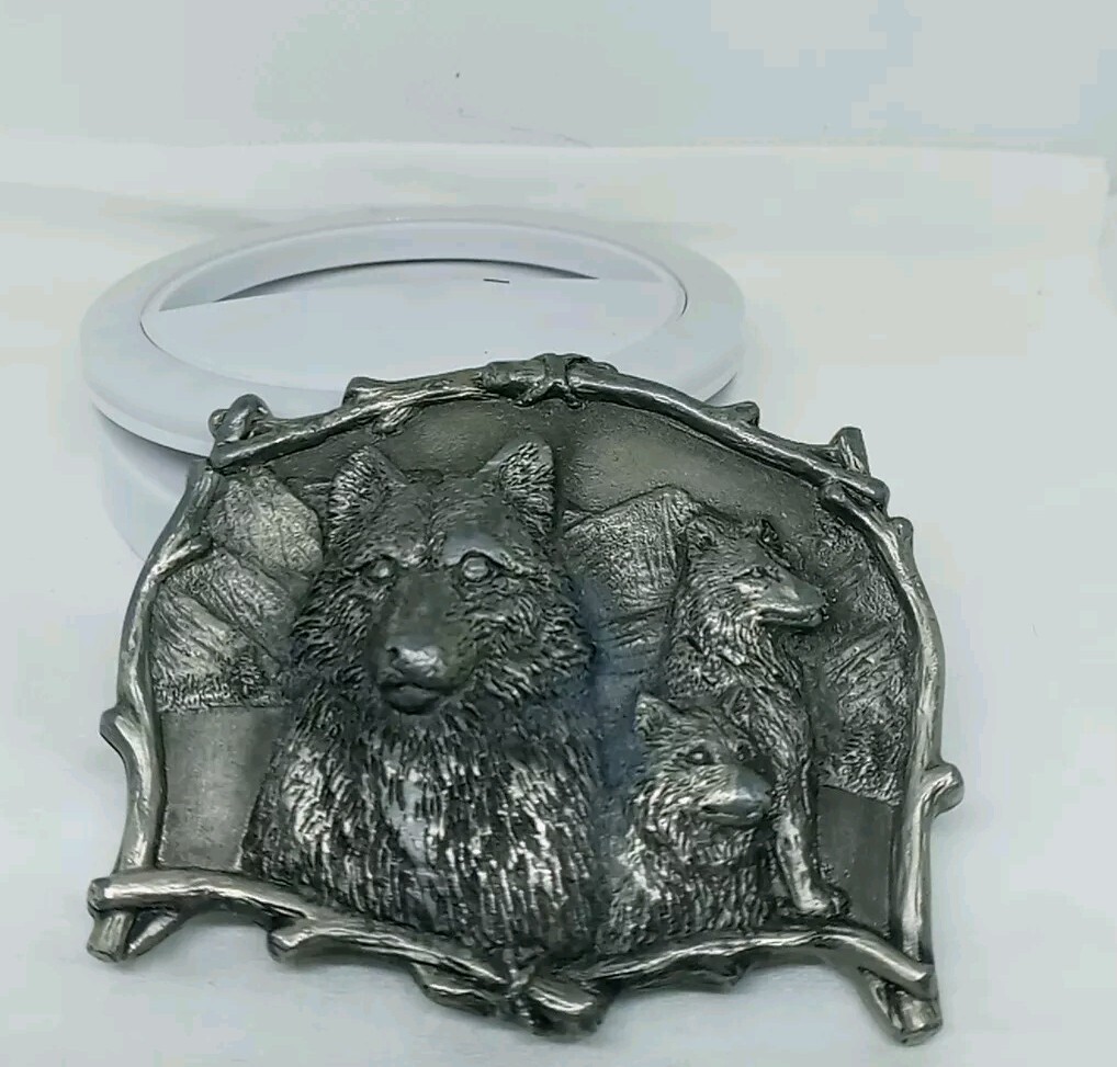 Vtg. Great American Products Pewter 3 Wolves Belt Buckle. Intricate. Heavy