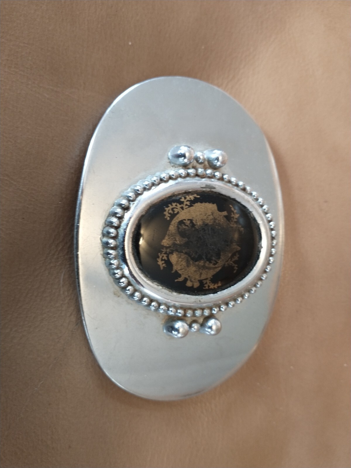 +Ornate Silver Belt Buckle w/Black & Brown Stone+