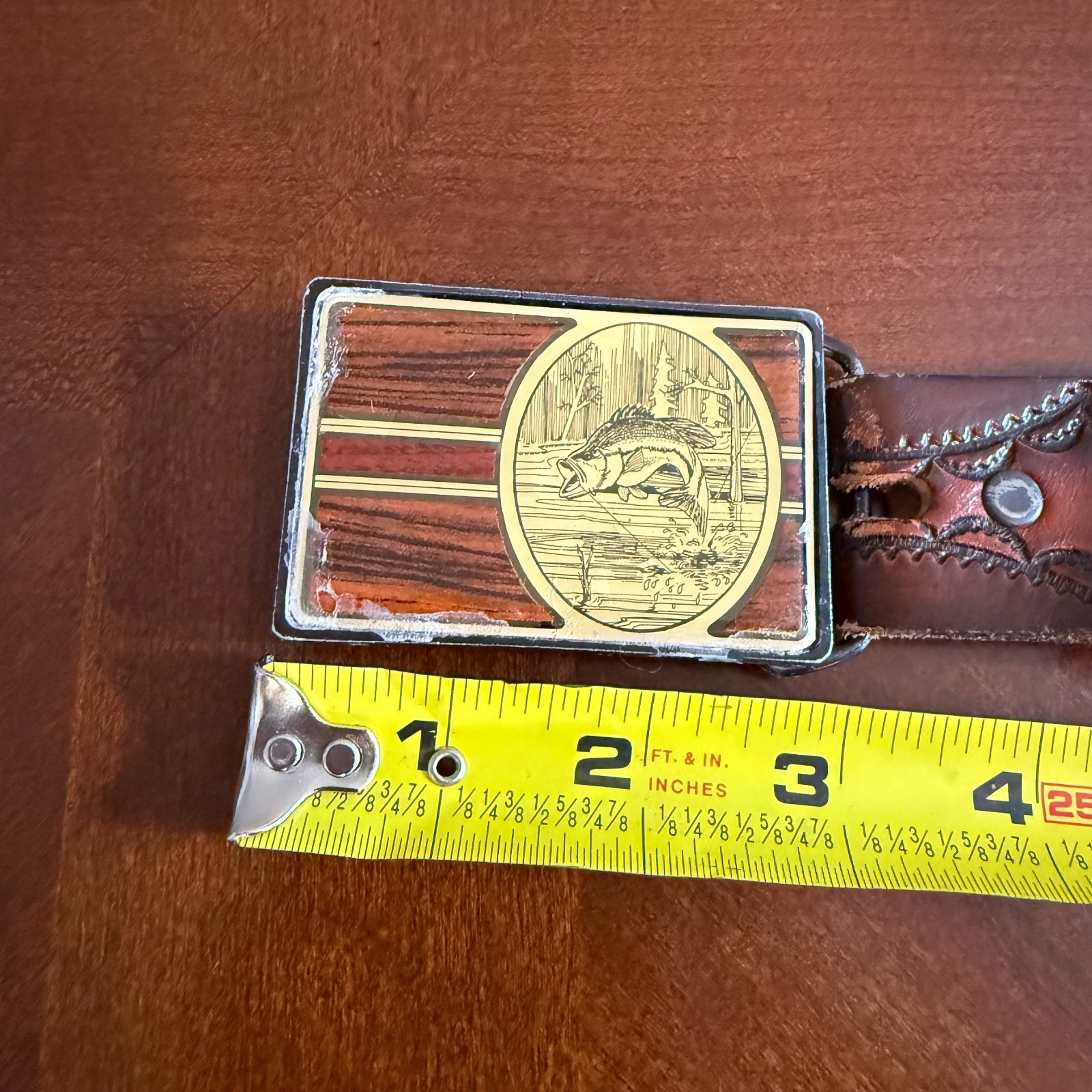 Vtg 1984 NAP Solid Brass Belt Buckle Bass Fish Woodgrain Western USA Leather