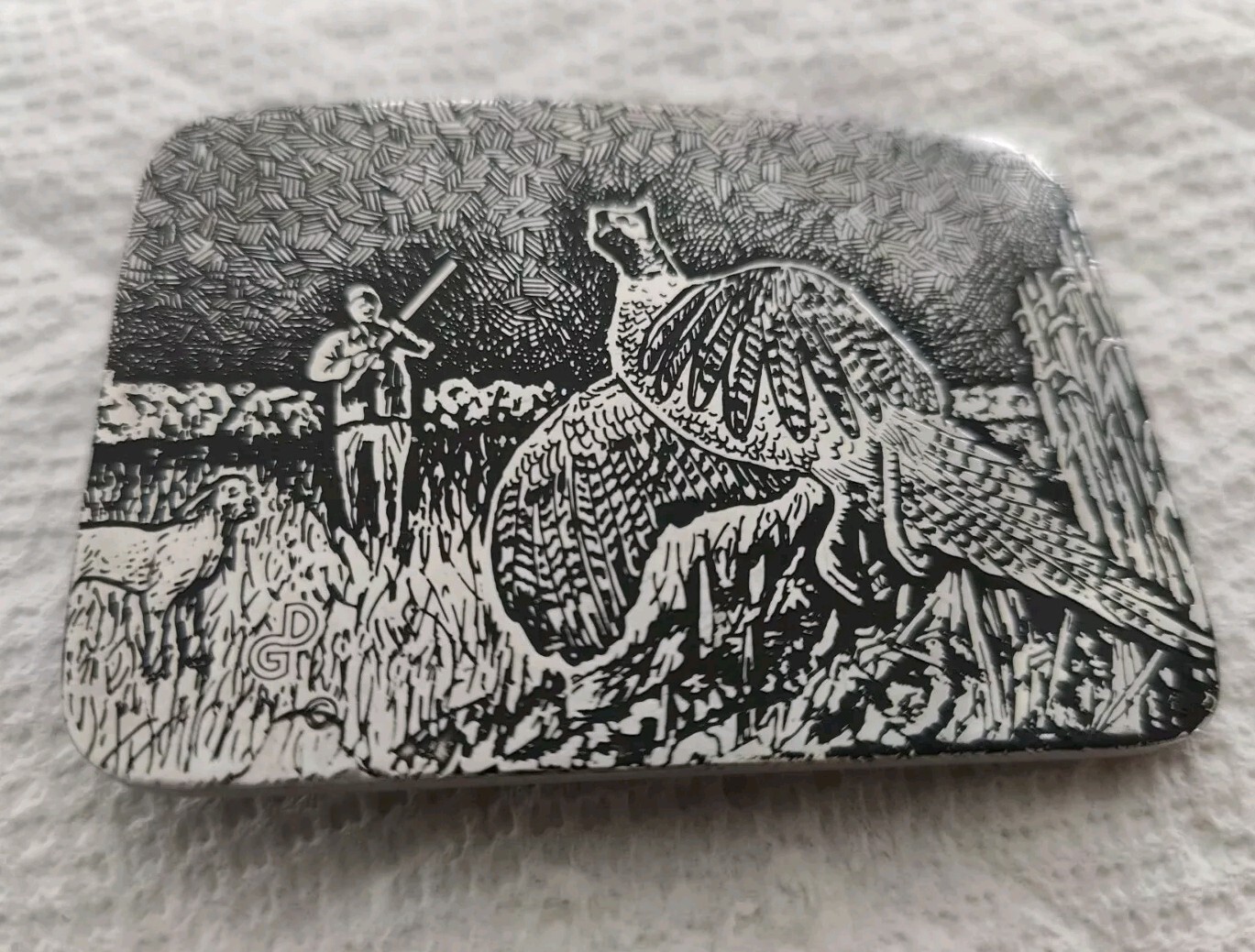 EXQUISITE SILVER TONE QUAIL HUNTING SCENE BELT BUCKLE BY DG