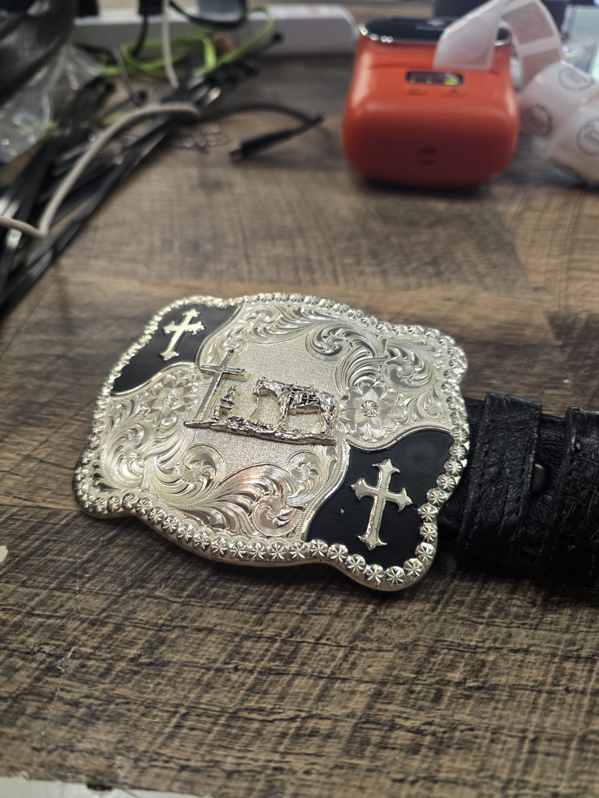 Montana Silversmiths Buckle Horse & Cross With Ostrich Black Jack Belt Sz 34