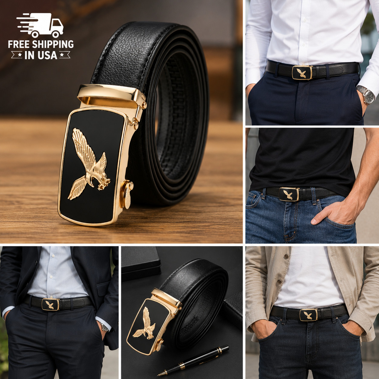 Men&rsquo;s Eagle Buckle Ratchet Belt Black PU Leather Adjustable 50&Prime; Waist