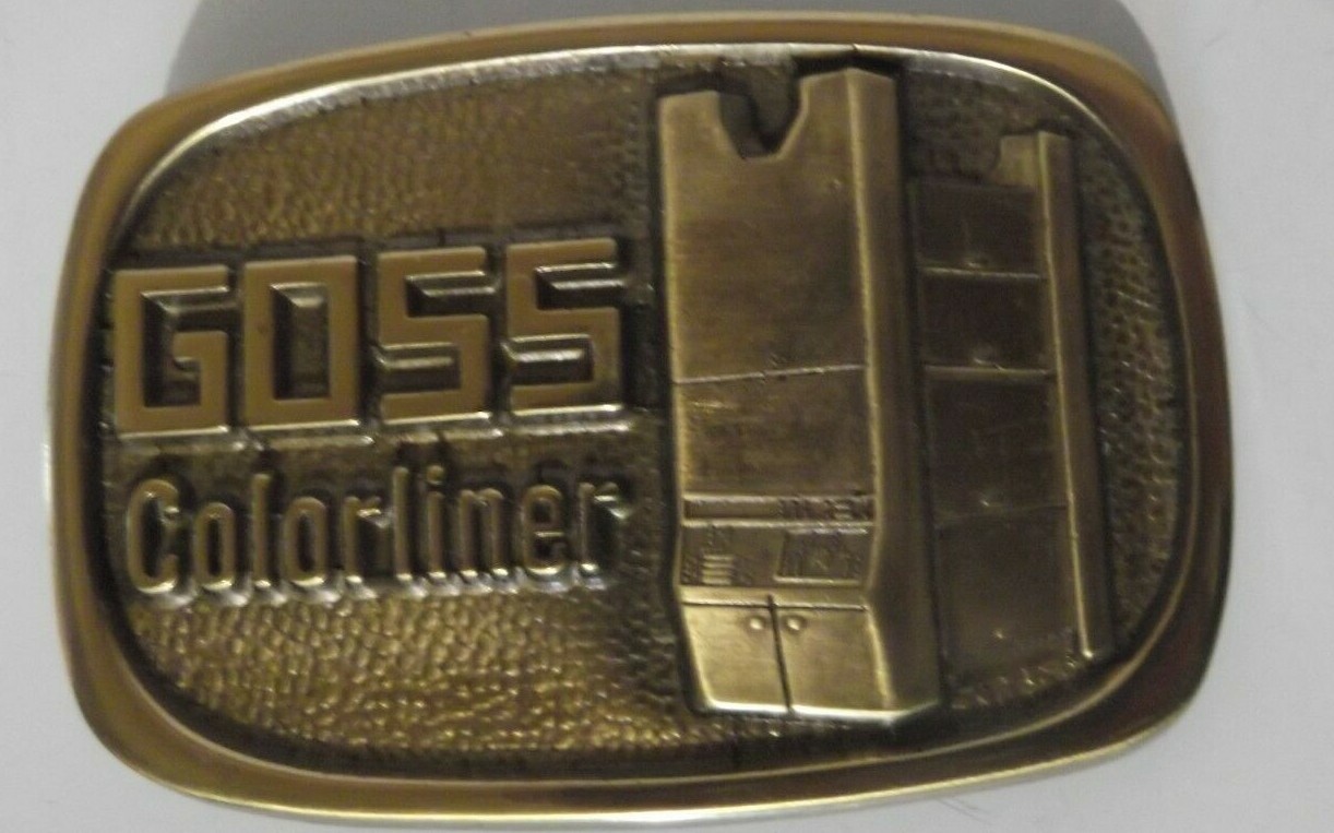 Goss Colorliner Printing Press Brass Belt Buckle by Baker Gold Tone