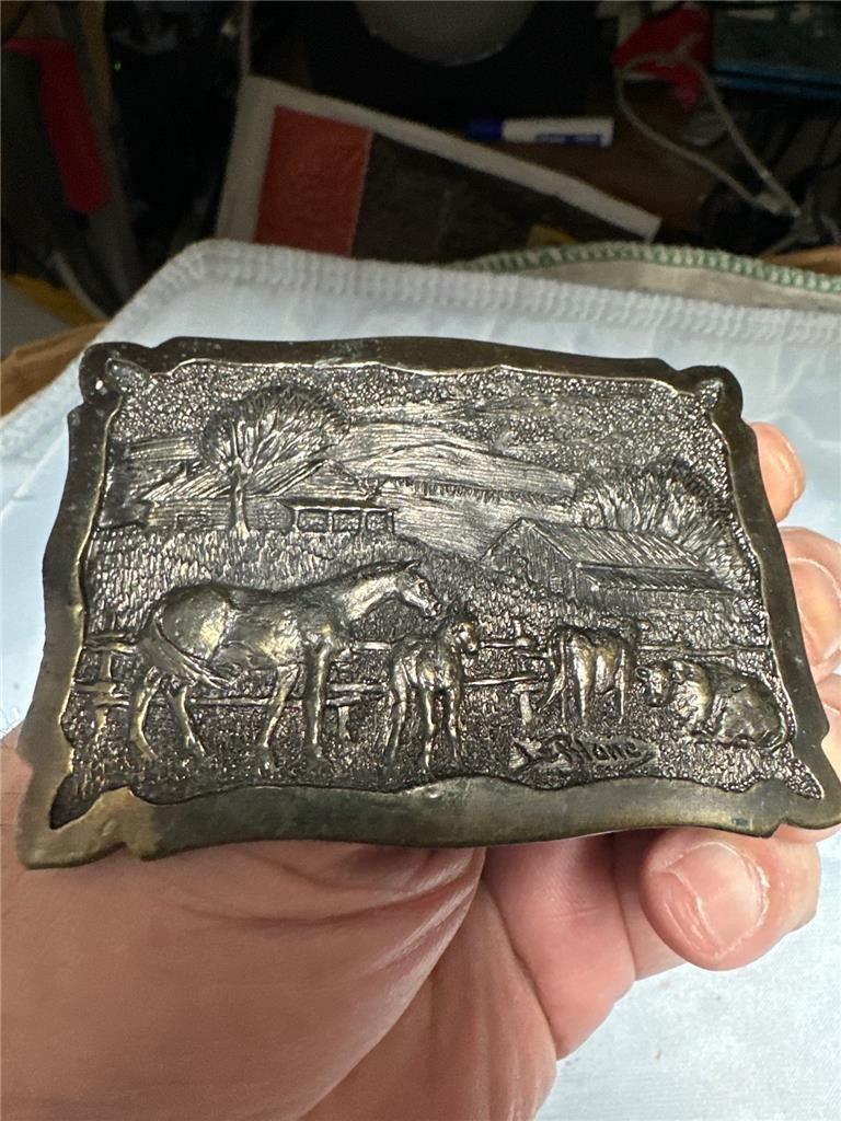 Vintage 1977 Chevron Chemical Company Brass Belt Buckle Wyoming Studilo Artworks
