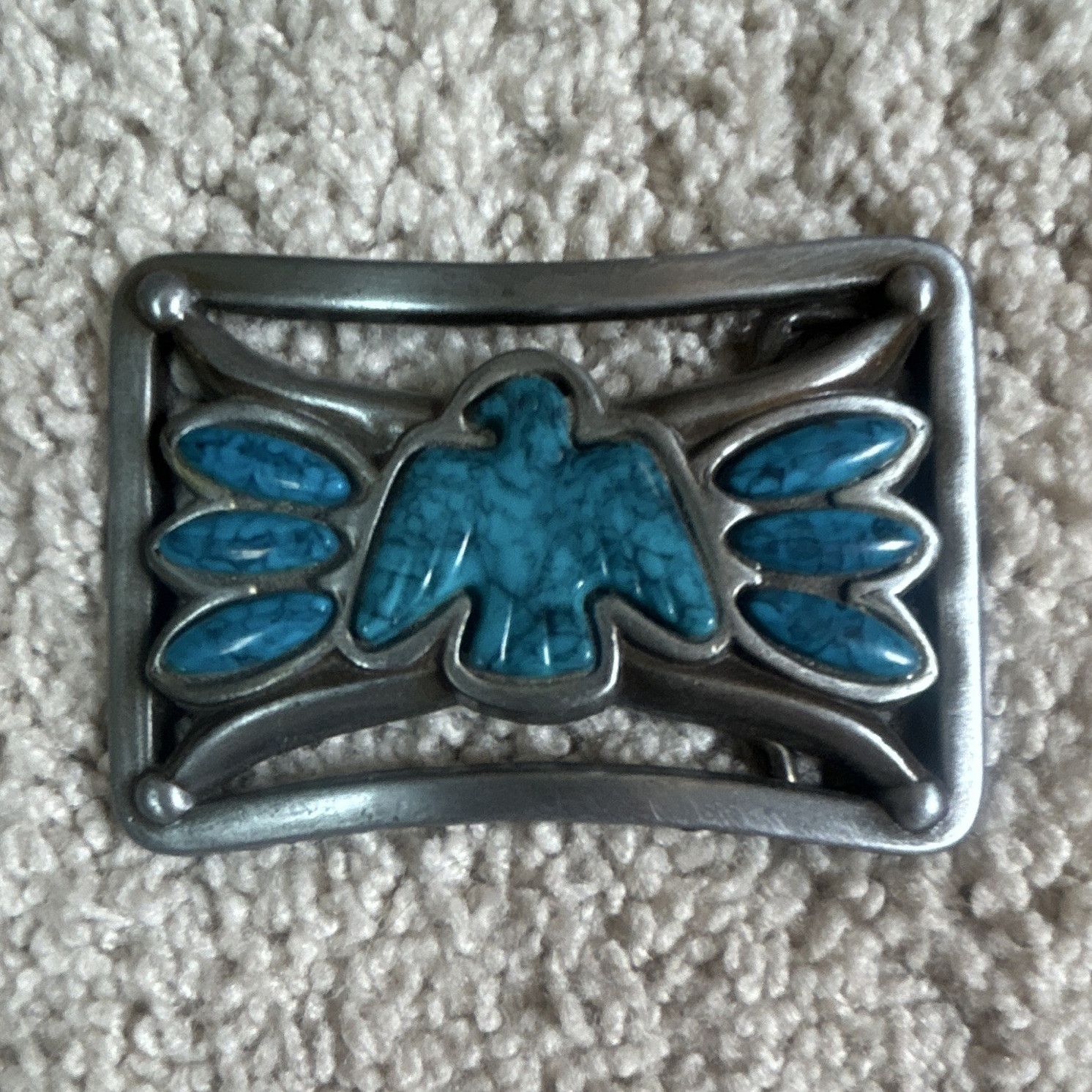 Silver Tone Blue Stone Thunderbird Western Rectangular Belt Buckle 1.5 in