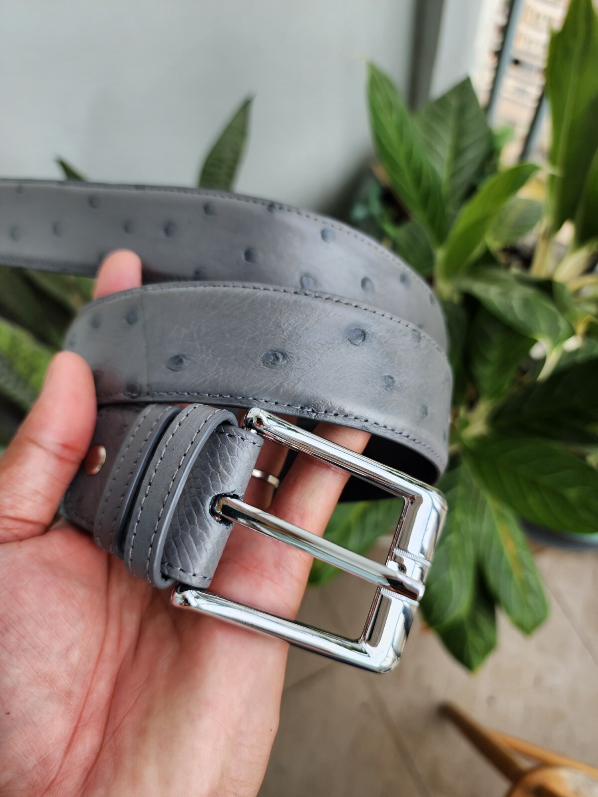3.8CM Gray 100% Genuine Body Ostrich Leather Skin Men Belt Buckle- Handmade