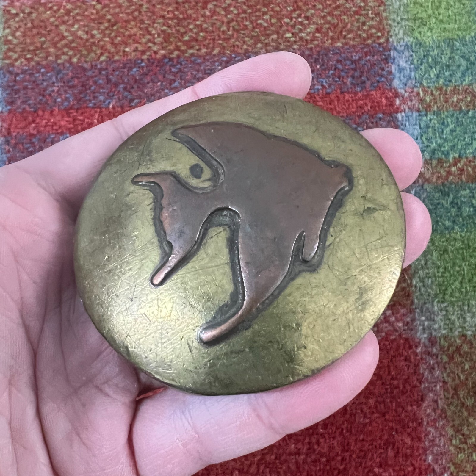 Vintage 1960s 70s MCM Modernist Brass Copper Artisan Angelfish Fish Belt Buckle