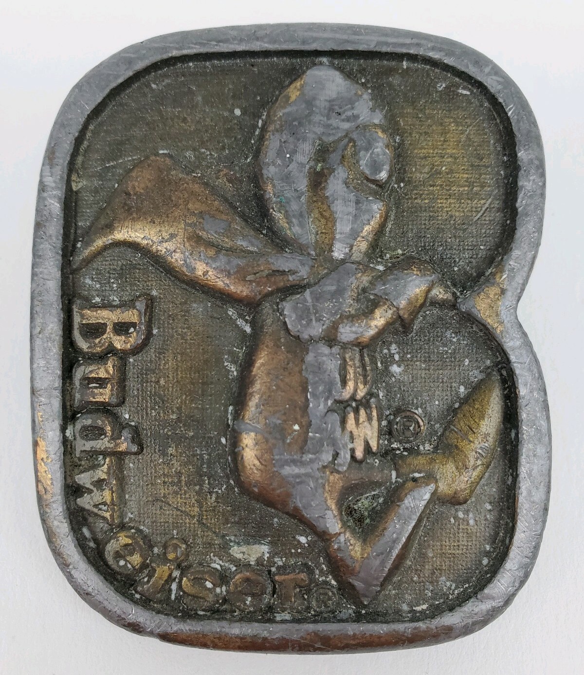 Vintage Budweiser Beer Budman Distressed Brass Tone Metal Belt Buckle 1976