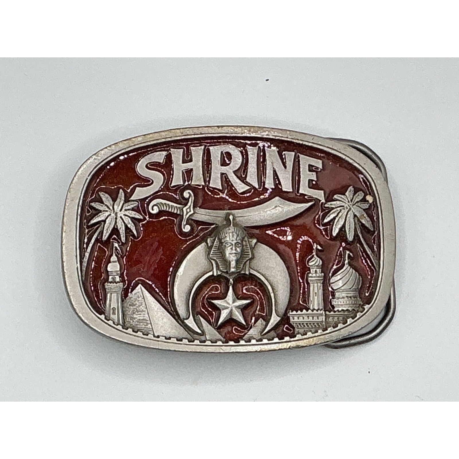 The Great American Buckle Co Shriners Belt Buckle Red Enamel Vintage 1986 1801