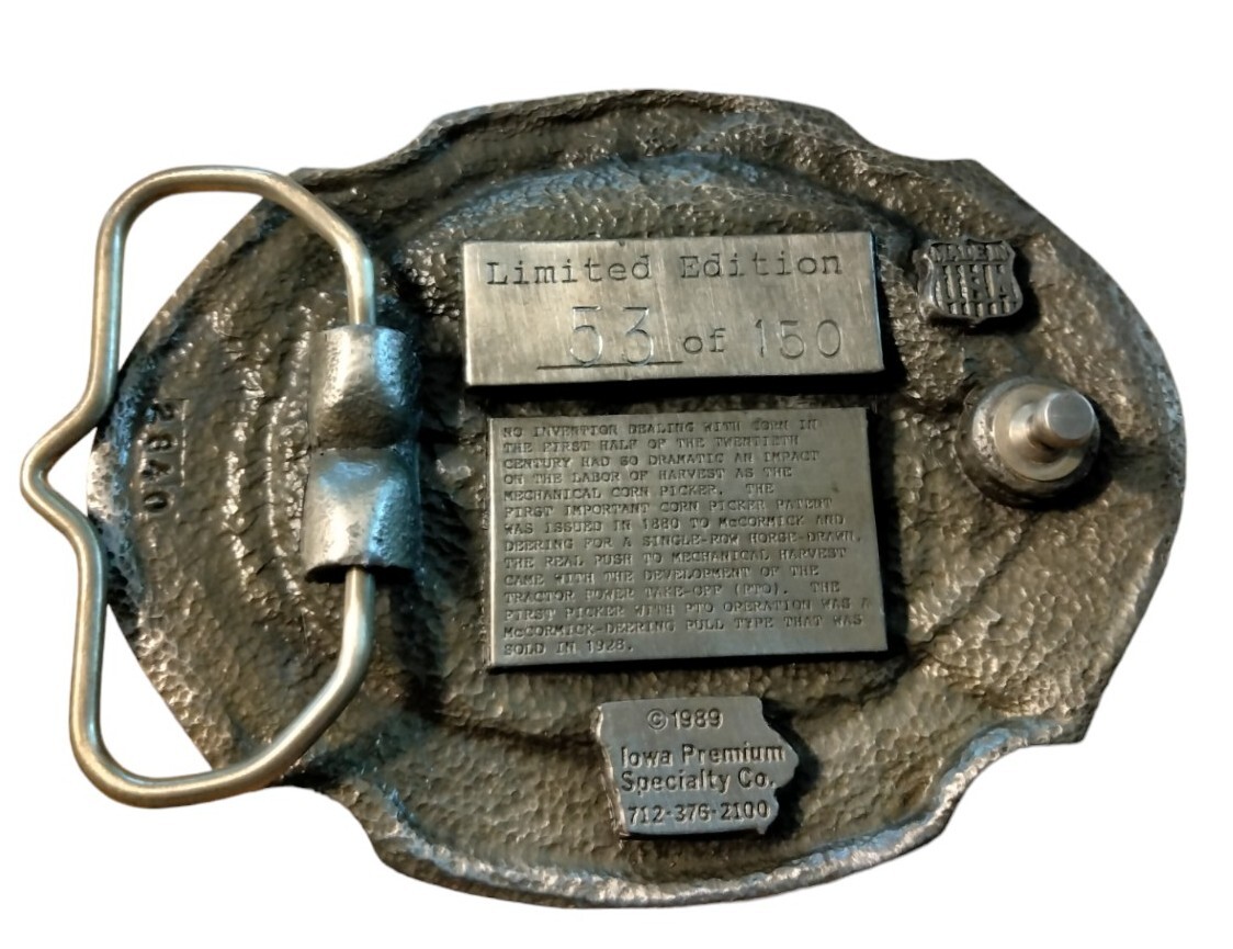 Vtg Pewter Belt Buckle Mechanical Corn Picker 1989 IOWA PREMIUM SPECIALTY CO.