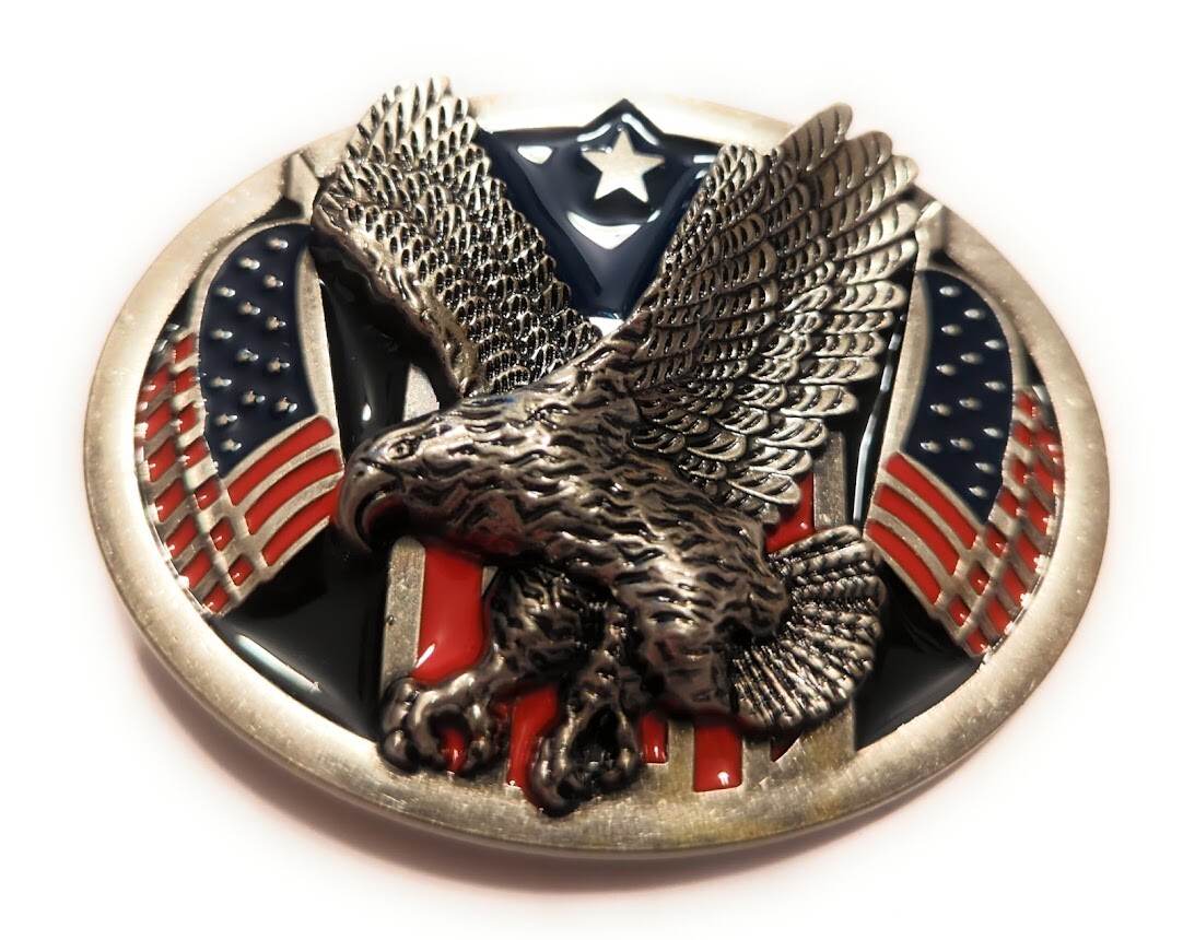 ♈ Eagle Belt Buckle Antique Silver red blue flags color Hunting Fishing 3.5×2.6