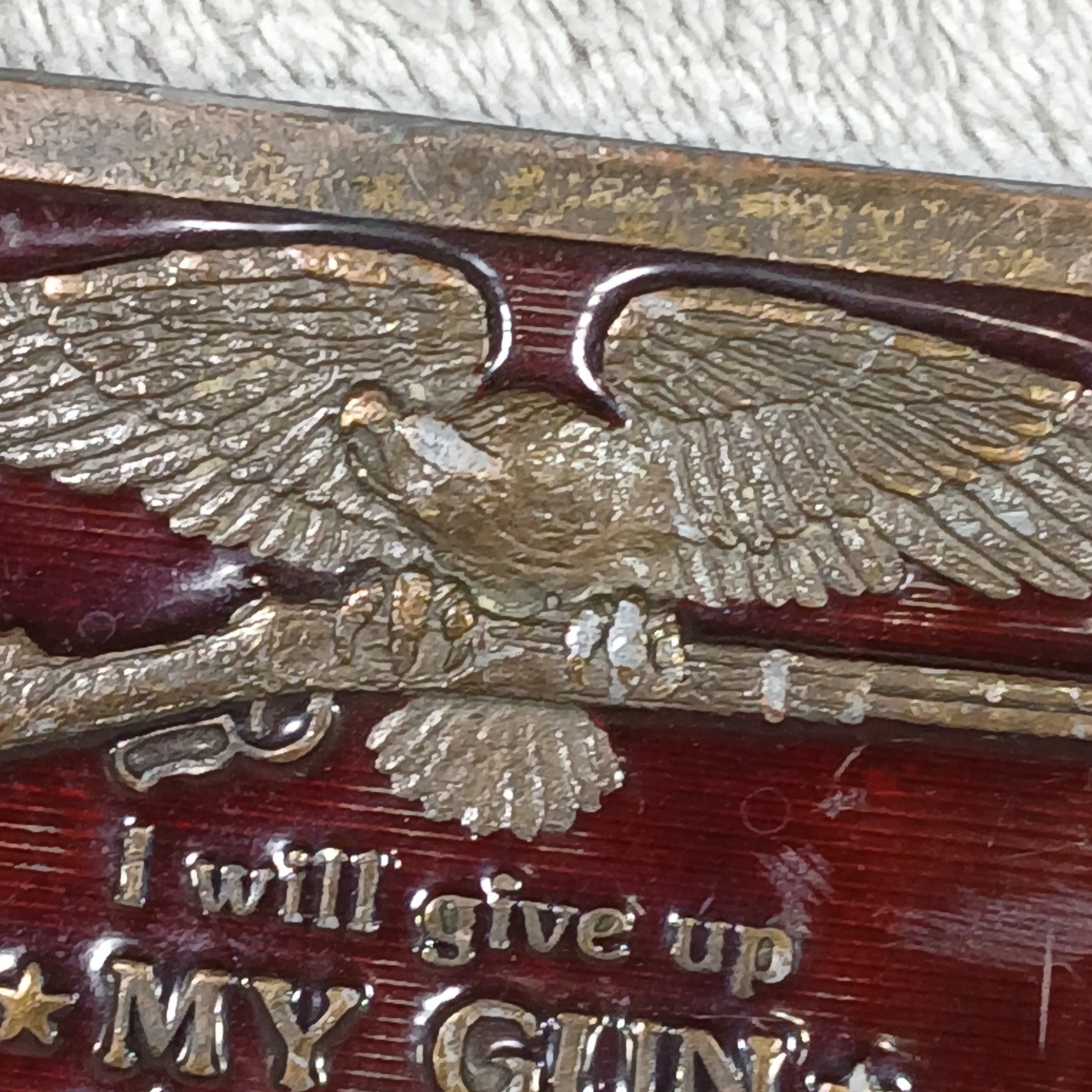 Indiana Metal Craft Belt Buckle Mens OS Burgundy Eagle 1970s Brass Gun Rights