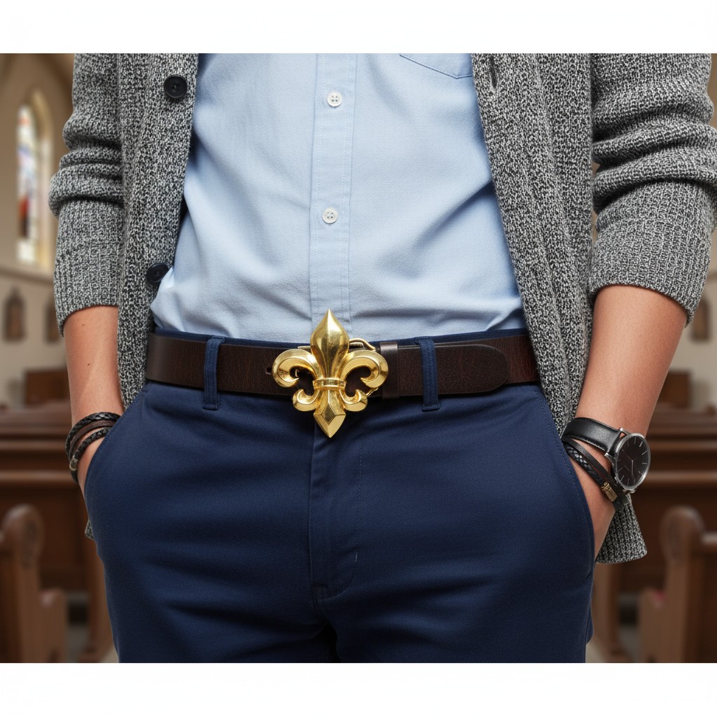 Men Women Gold Color Metal Belt Buckle French Symbol Fleur De Lis Lily Flower