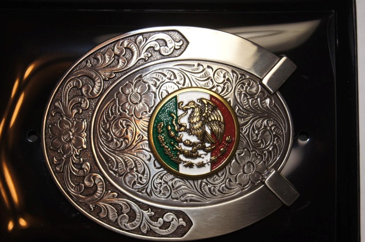 Ariat Western Belt Buckle Logo Mexican Flag Horseshoe Silver tone A37021