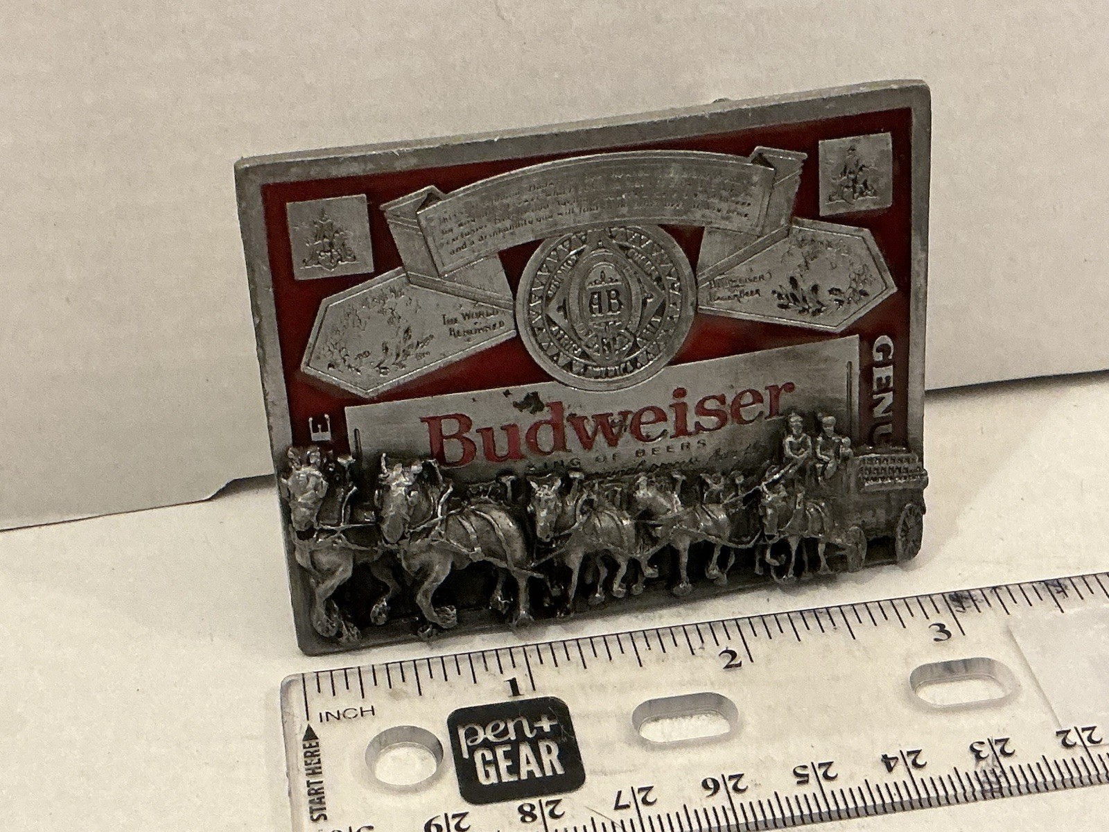 Budweiser Markatron Beer Clydesdales Silver Red Metal Antique Belt Buckle