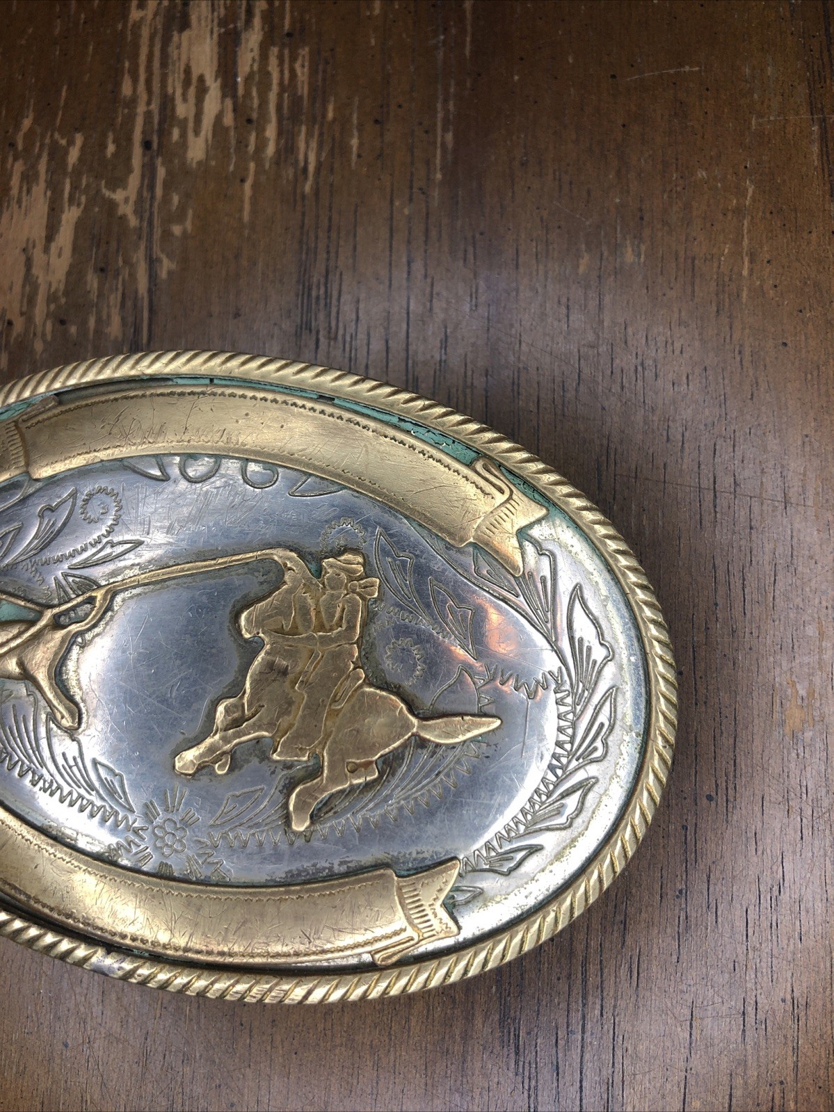Vintage German Nickel Silver Calf Roping Rodeo Belt Buckle w/ Blank Ribbons