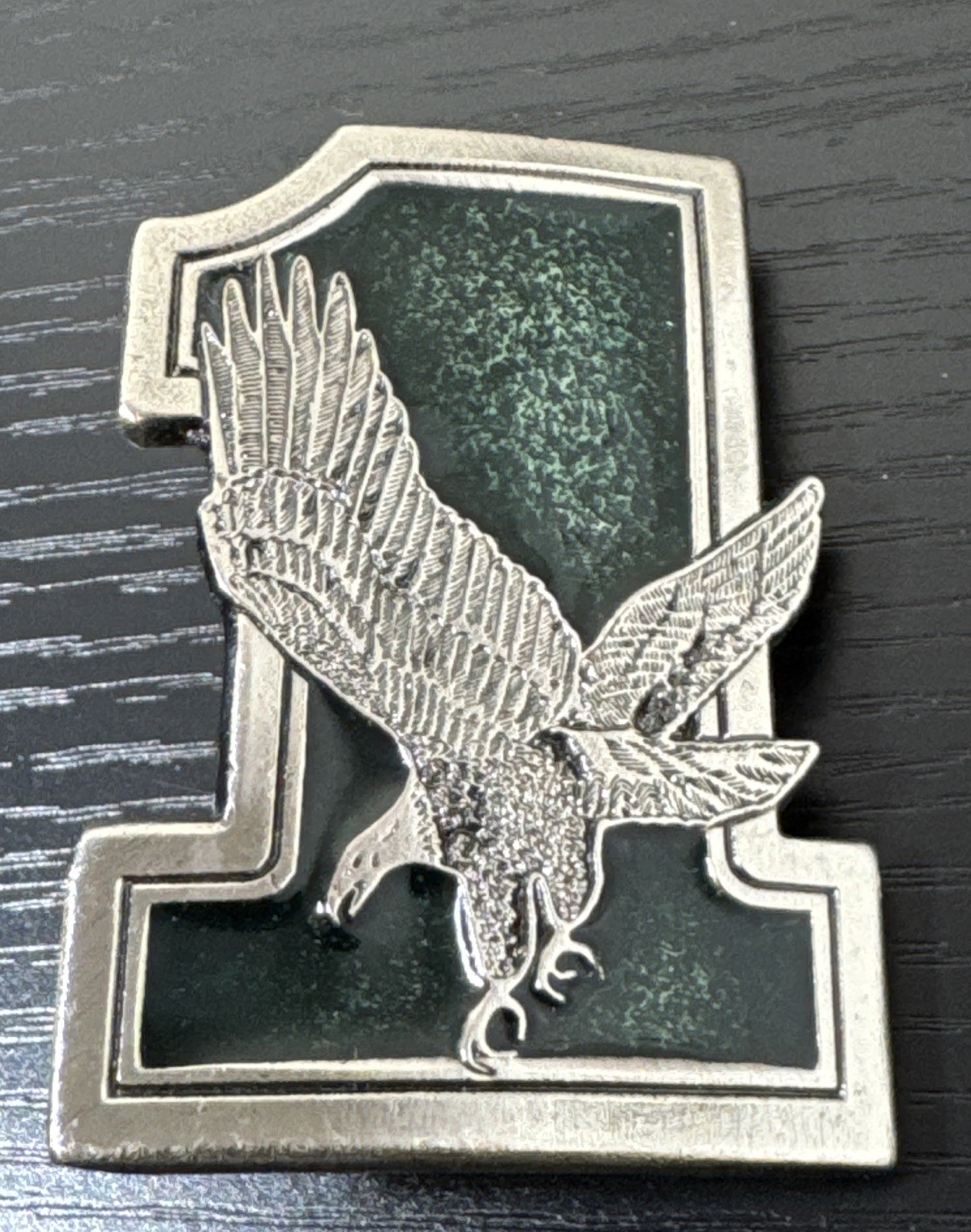 1975 Great American Buckle Co. Eagle On #1 Vtg Belt Buckle Silvertone & Green