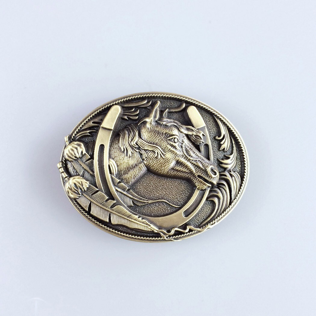 Vintage Bronze Plated Western Horse Horseshoe Oval Belt Buckle
