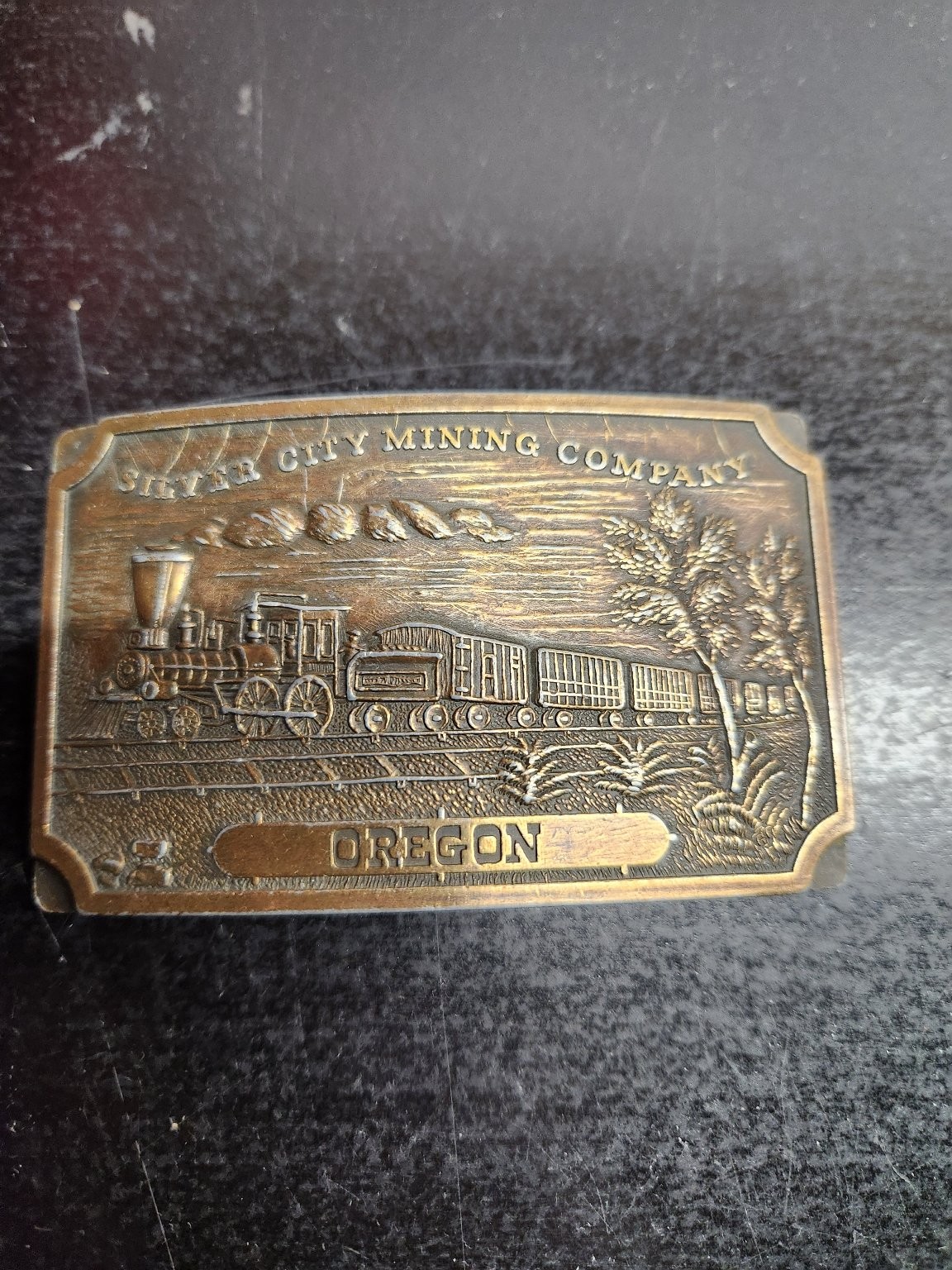 Silver City Mining Company Belt Buckle Bronze Tone 3&Prime;x2&Prime; Train Oregon Engraved