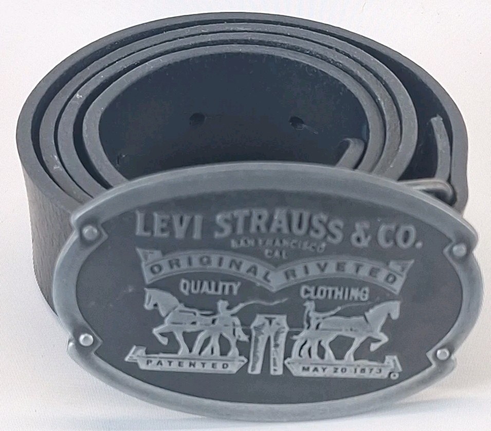 Levis Classic Horse Logo Buckle Billy Plaque Belt Size 34 Black Bovine Leather