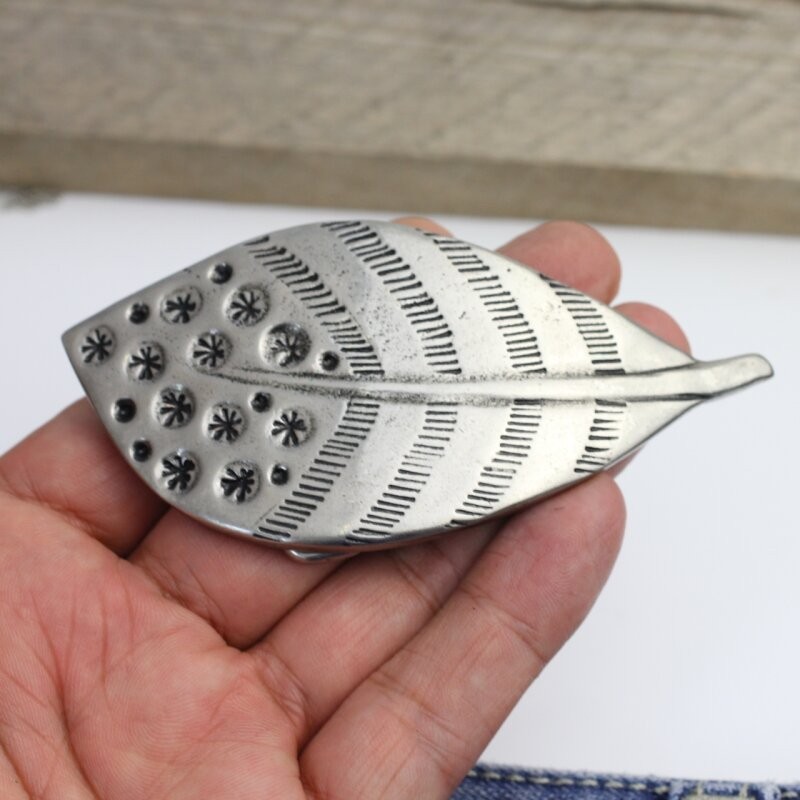 Feather belt buckle, peacock feather removable buckle dark silver-old silver