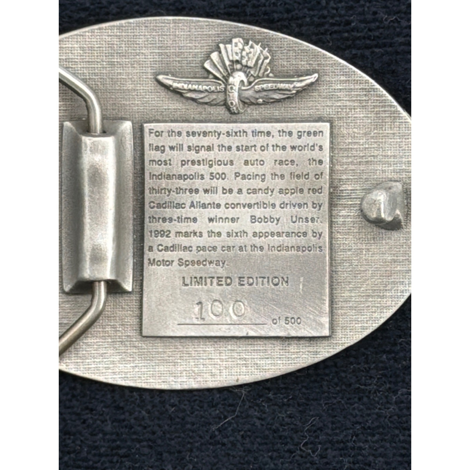 1992 Indianapolis 500 Belt Buckle Solid Pewter Limited Edition Cadillac 100/500