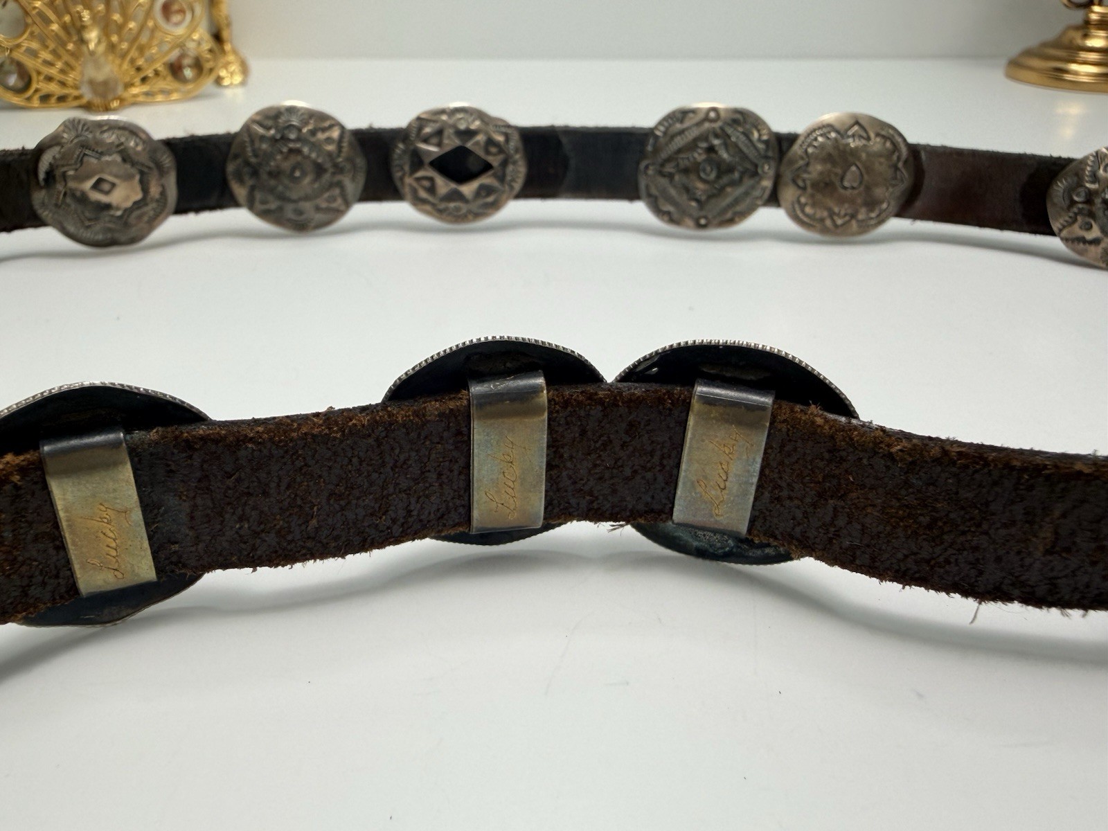 Vintage Native American Sterling Concho Belt Signed Hand Stamped Leather Long