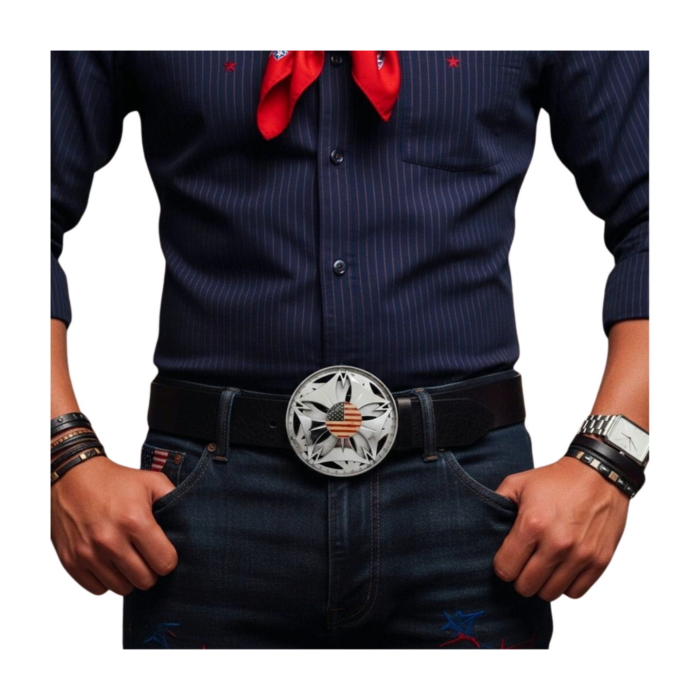 Men Women Silver Metal Buckle Spinning USA Flag United States America Hip Hop